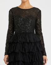 Black Long Sleeve Ruffle Tiered Midi Dress